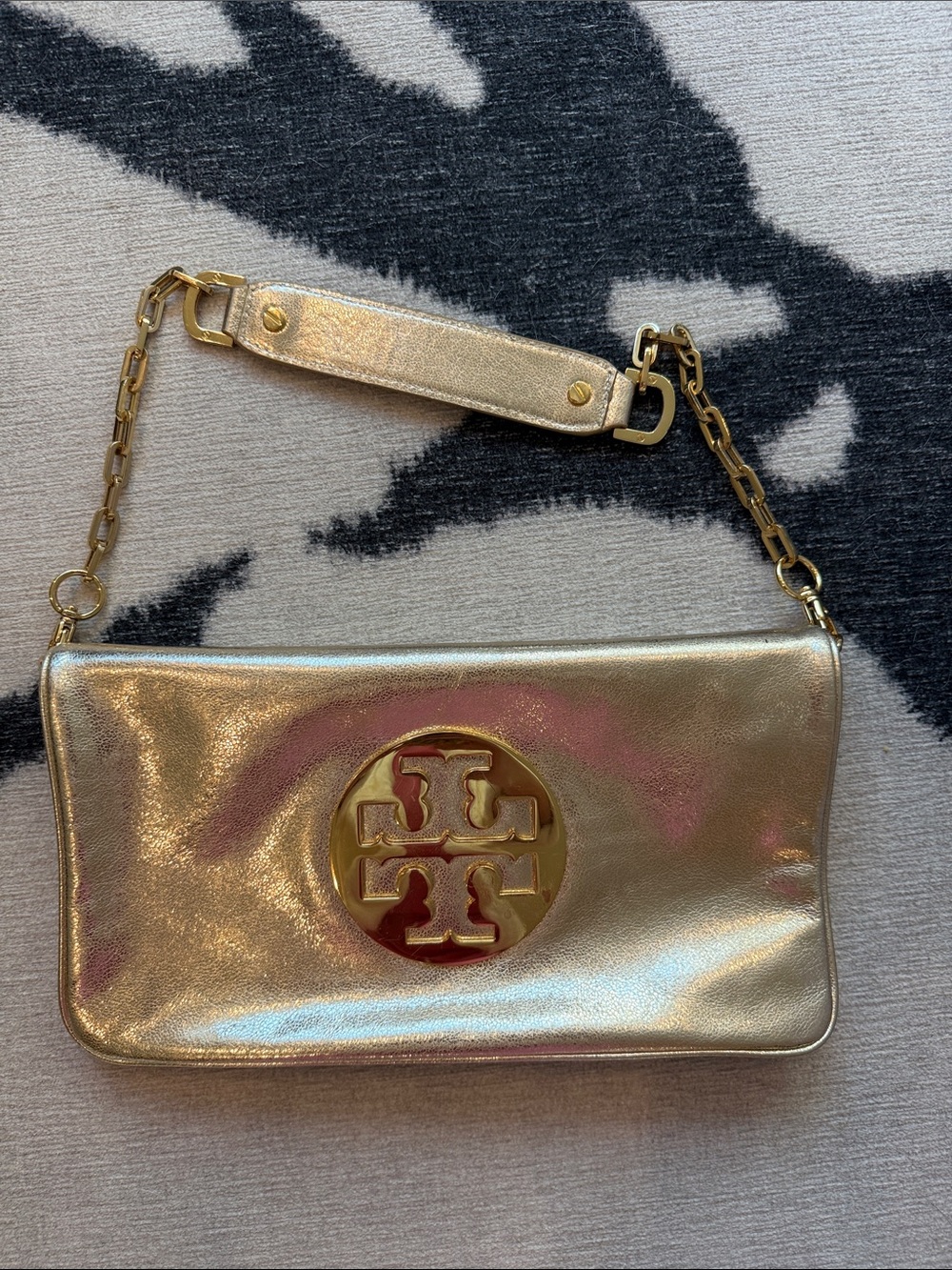 Tory Burch Metallic Gold Logo Shoulder Clutch